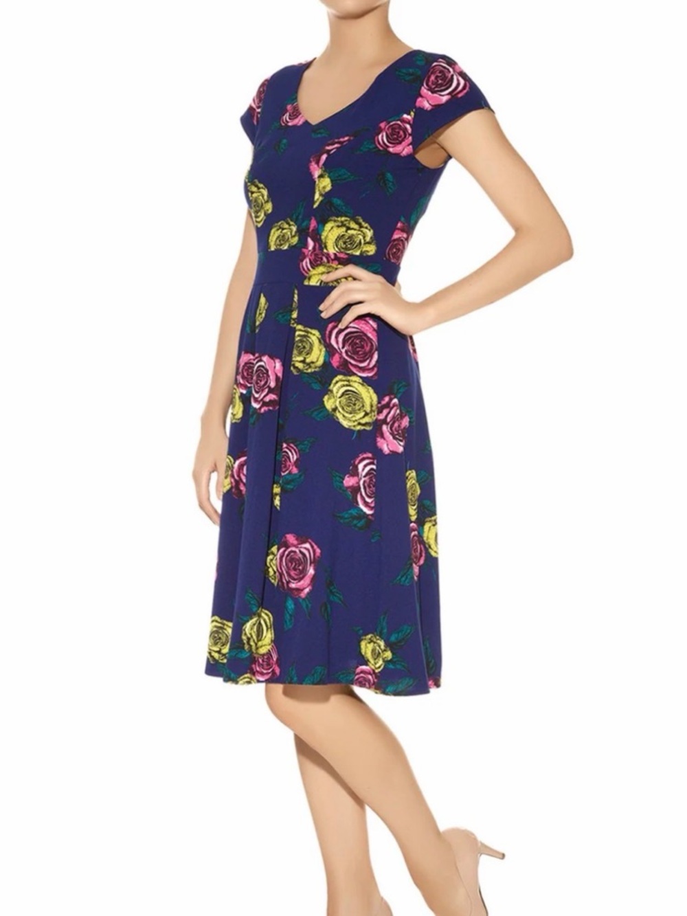 Darling Blue Floral Fit & Flare Dress Pleated Short Sleeve Retro Size L